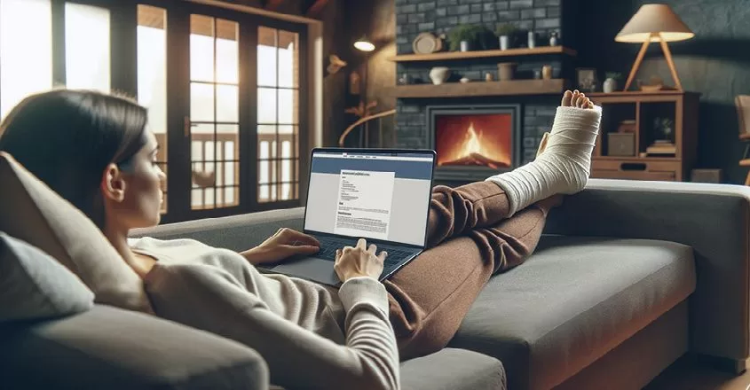 Žena se zabandážovanou nohou leží na gauči s notebookem na nohách.