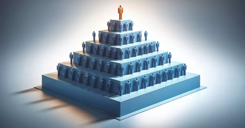 Modrá pyramida s lidmi na každém patře.