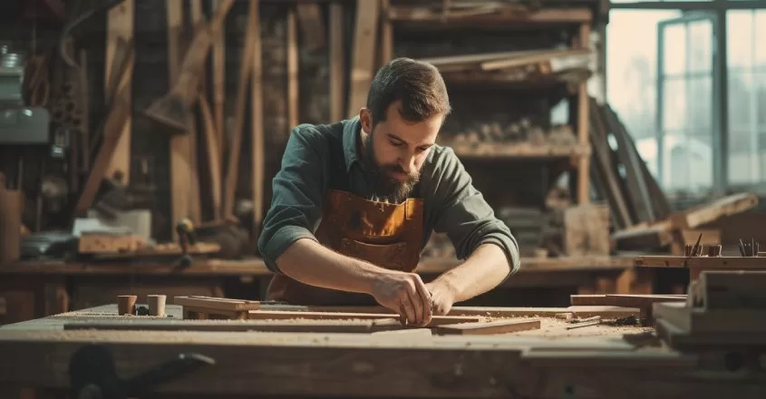 Tesař pracující se dřevem
