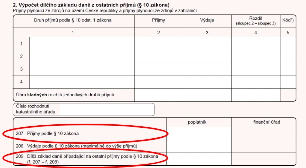 Vyznačený řádek 207 a 209 v daňovém přiznání