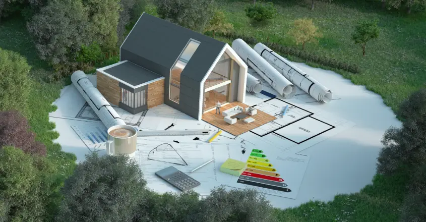 PENB je vyžadován při výstavbě, rekonstrukci, prodeji nebo pronájmu budov, s výjimkou některých specifických případů. Model moderního domu obklopený stromy mezi architektonickými nákresy, šálkem kávy, kalkulačkou a grafem energetické účinnosti.