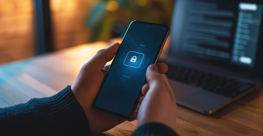 Muž držící telefon s ikonou bezpečí