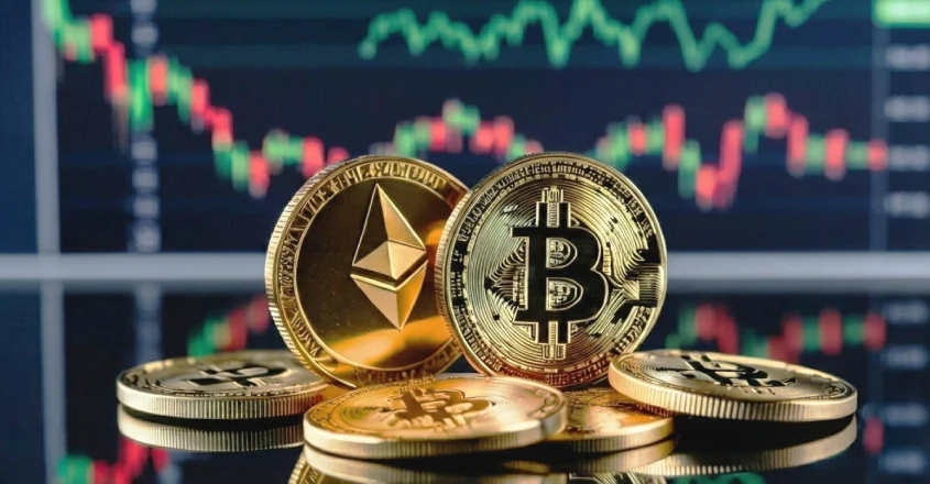 Daňová povinnost u kryptoměn vzniká až při jejich prodeji, směně nebo použití k platbě, nikoli při samotném držení. Mince s logem Bitcoin a Ethereum. Na pozadi je graf.